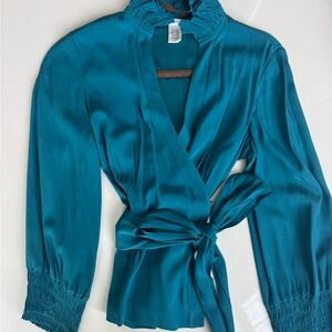 Diane Von Furstenberg Teal Satin Wrap Blouse with Tie Waist